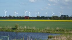 Landschaft mit Feldern, im Hintergrund sind Windräder zu sehen